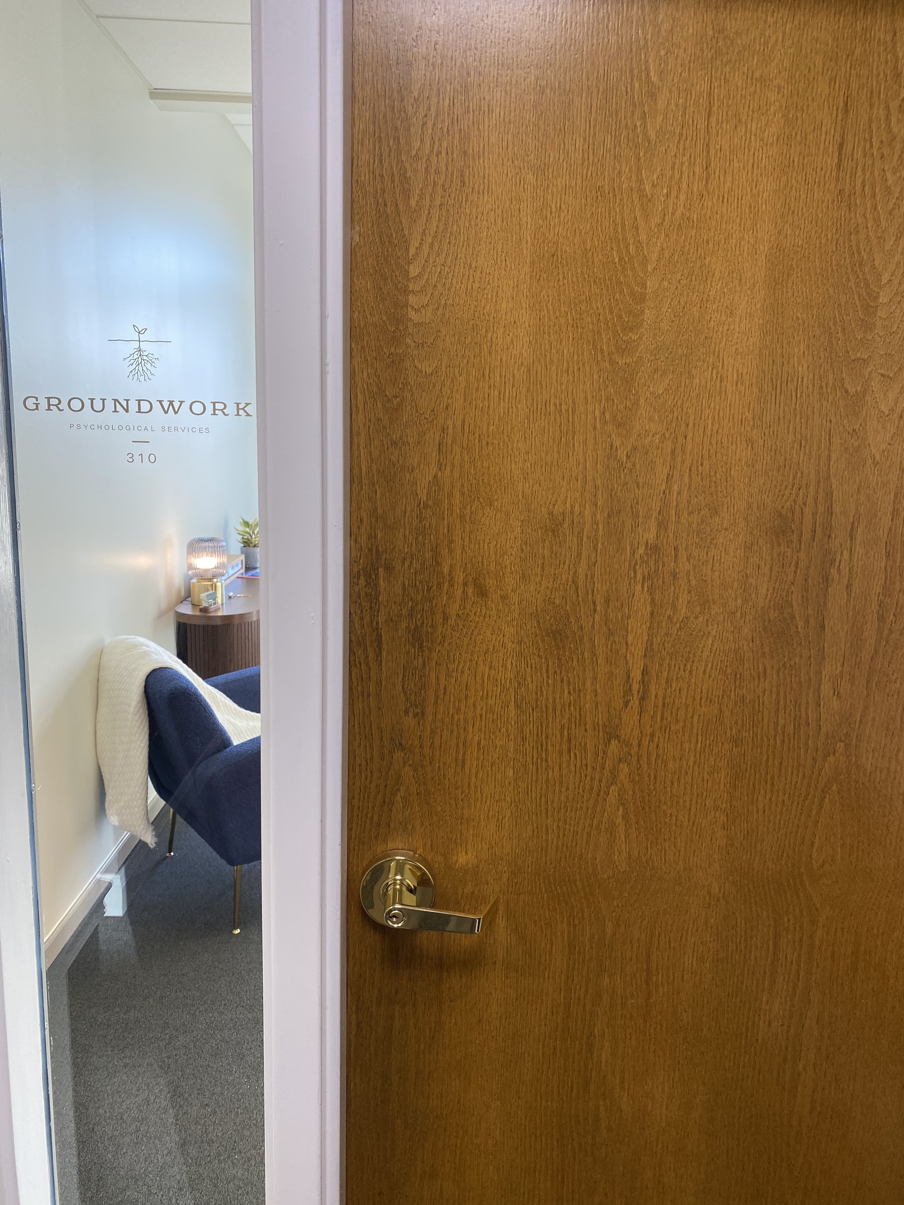 Etched-glass door to Groundwork's Suite 310 therapy office in Mt. Adams, Cincinnati